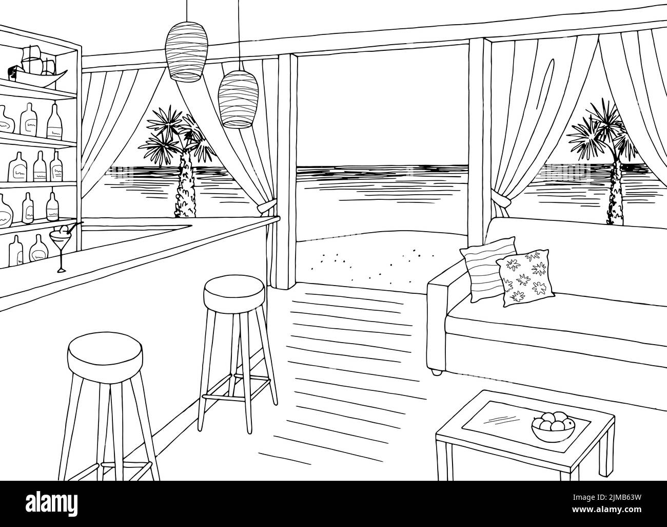 Beach cafe interior bar grafico bianco nero disegno vettore illustrazione Illustrazione Vettoriale