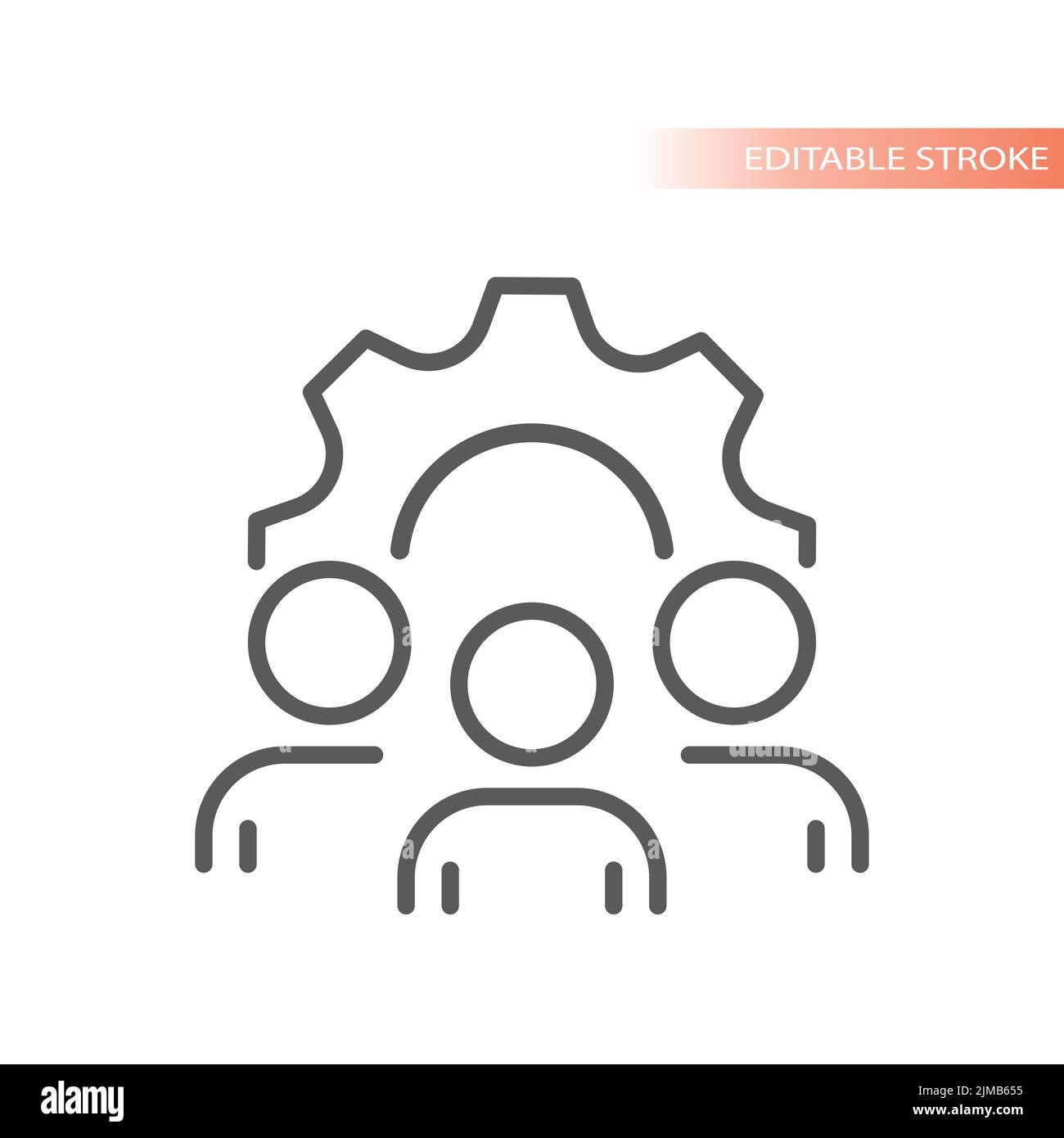 Gruppo di persone e ruota dentata icona vettore linea. Il lavoro di squadra, la direzione del team ha delineato il simbolo. Illustrazione Vettoriale