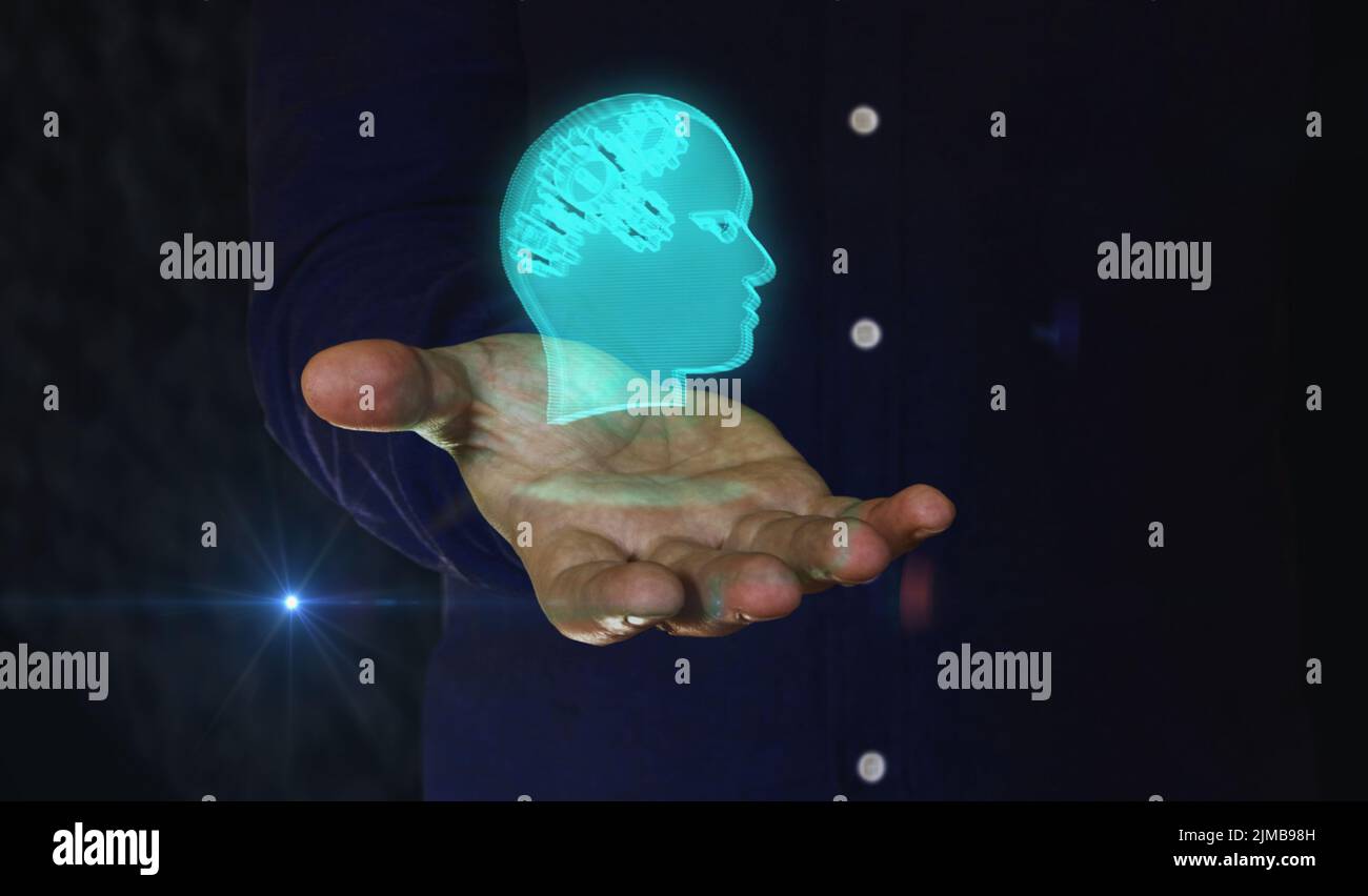 Tecnologia di intelligenza artificiale ai e Deep learning 3D simbolo sulla mano dell'uomo. Concetto astratto dell'icona della tecnologia informatica. Foto Stock