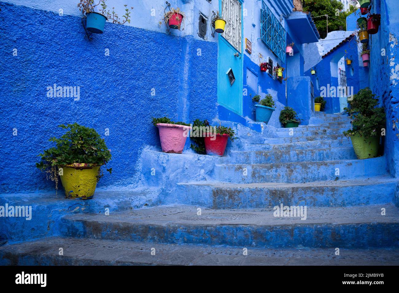 Le scale blu di un edificio con piante in pentole a Chefchaouen, Marocco Foto Stock