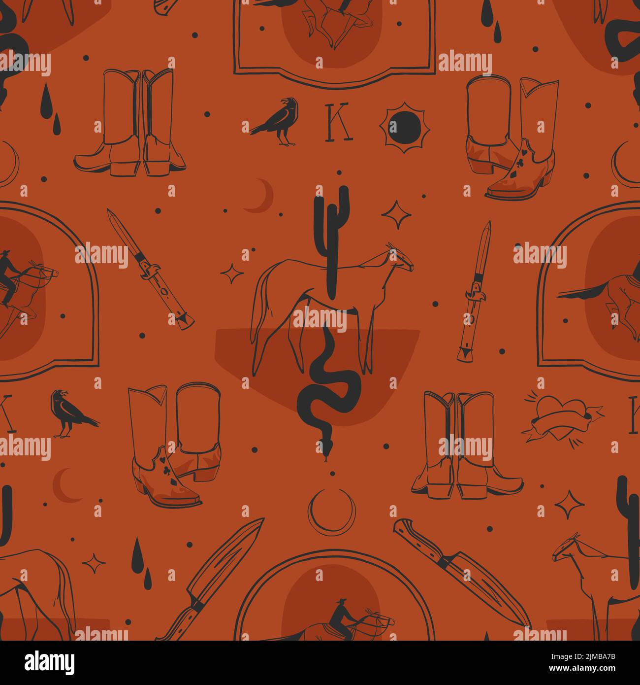 Disegno a mano astratto vettore grafico clipart illustrazione boho stivali cowboy senza cuciture pattern composition.Wild Western design concept.Bohemian selvaggio West Illustrazione Vettoriale