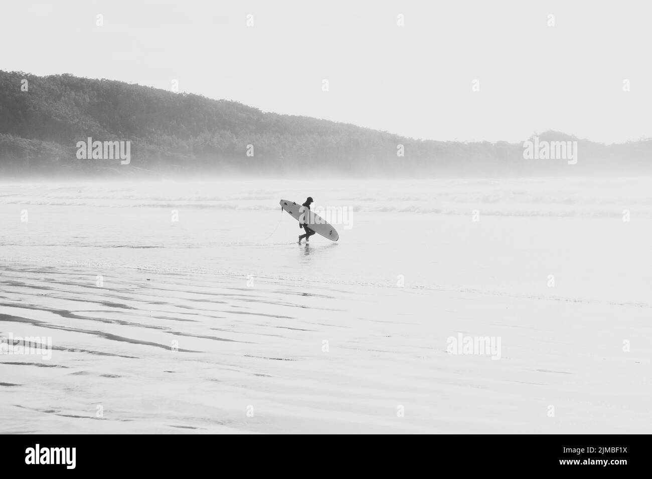 Un'immagine in scala di grigi di un solitario surfista che entra nel mare a Tofino, British Columbia, Canada Foto Stock