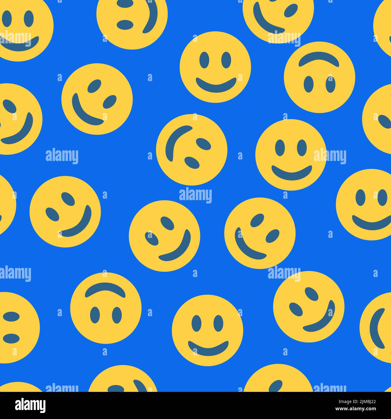 Retro giallo felice motivo sorriso su sfondo blu. Emoticon disposte in modo casuale. Sfondo retrò divertente. Illustrazione Vettoriale