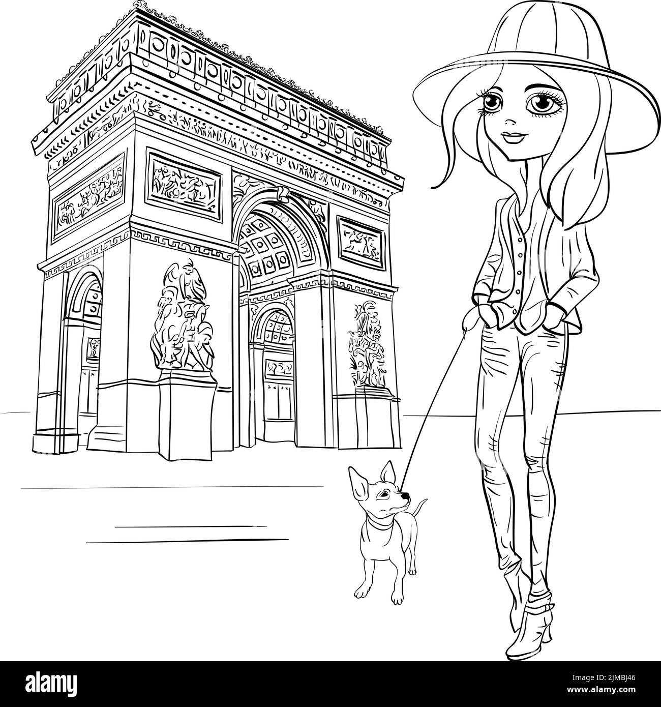 Hipster ragazza turista alla moda con carino cane a Parigi. Illustrazione in bianco e nero per libro da colorare. Illustrazione Vettoriale