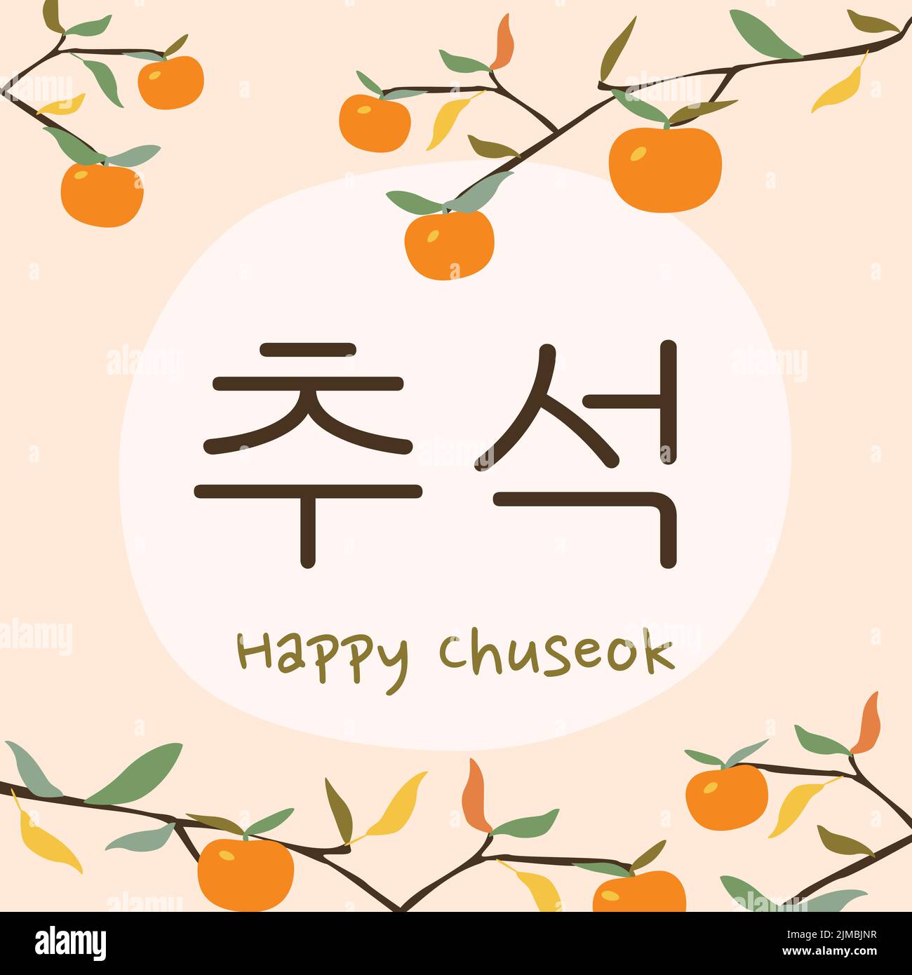 Festa tradizionale coreana Chuseok giorno del Ringraziamento. Biglietto di auguri Chuseok felice. Didascalia coreana. Moderno banner quadrato con frutta di persimmone sul ramo. Illustrazione Vettoriale