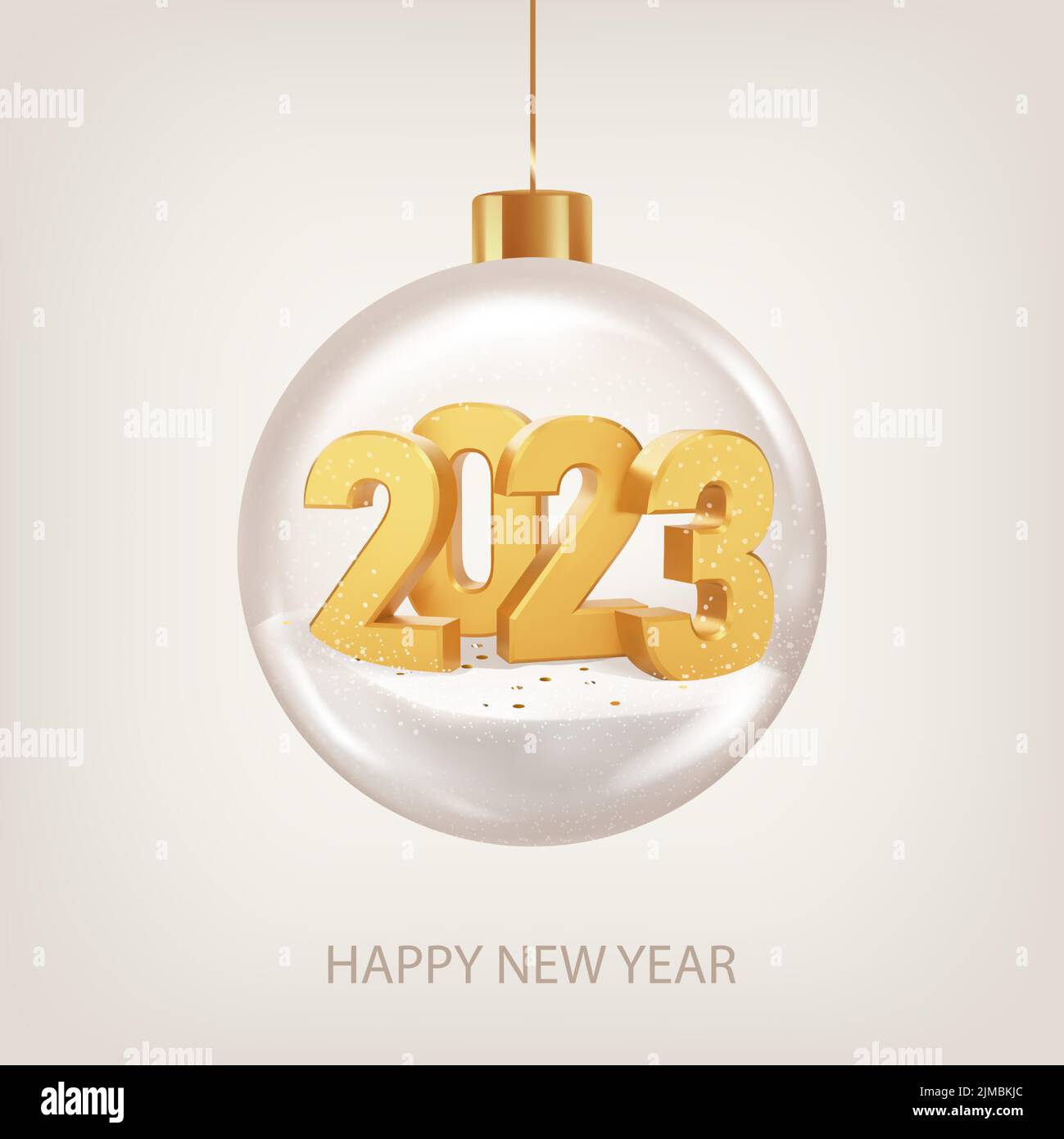 Tessera di Capodanno con numeri 2023 in pallina di vetro su sfondo beige chiaro. 2023 Felice Anno Nuovo. Illustrazione vettoriale realistica. Illustrazione Vettoriale