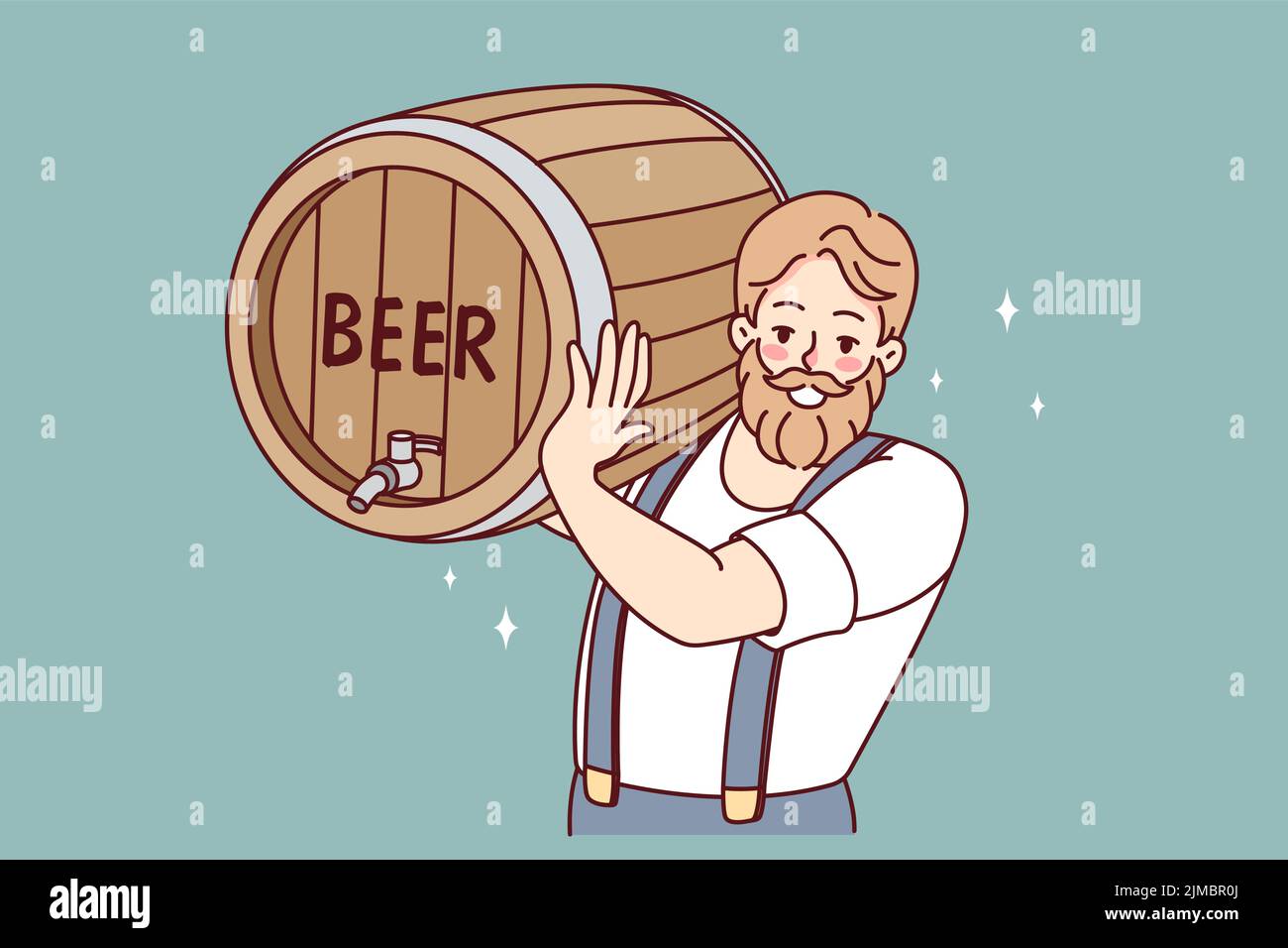 Uomo barbuto che porta barile di birra. Barman maschio sorridente o cameriere che tiene la botte con bevanda alcolica. Illustrazione vettoriale. Illustrazione Vettoriale