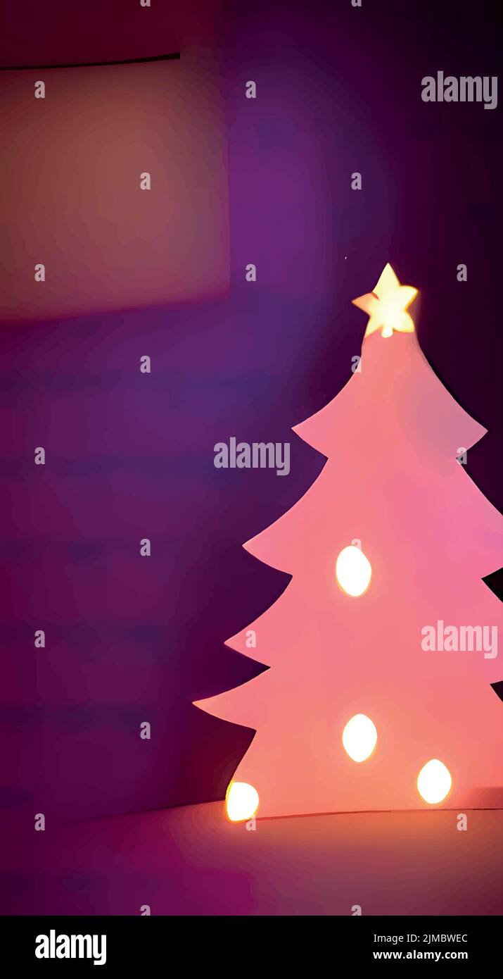 L'albero di Natale con luci e una stella isolato su uno sfondo viola sfocato. Illustrazione Vettoriale