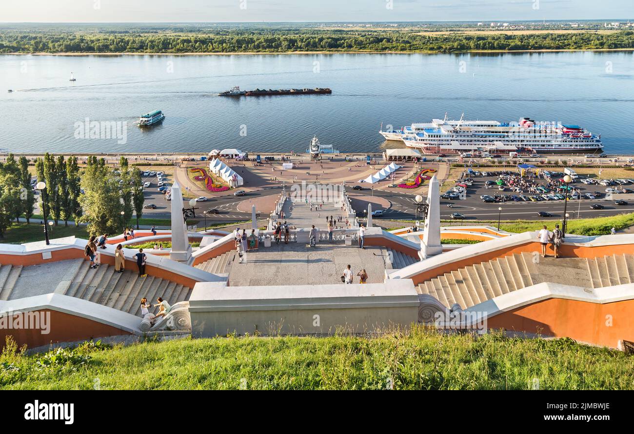 Scala Chkalov e il fiume Volga, Nizhny Novgorod, Russia Foto Stock