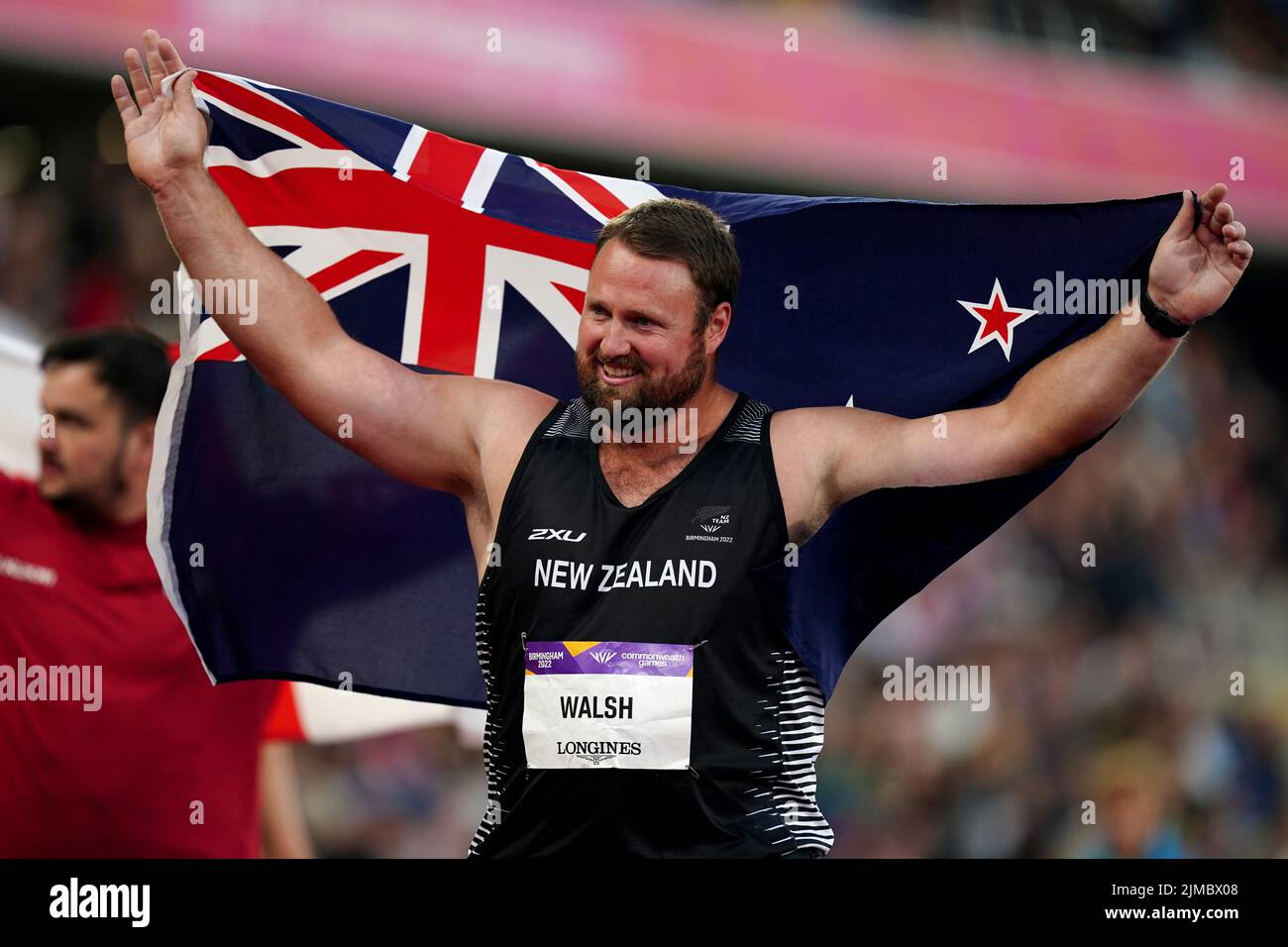 Tom Walsh della Nuova Zelanda festeggia la vittoria dell'oro nella finale Men’s Shot Put all'Alexander Stadium il giorno otto dei Giochi del Commonwealth del 2022 a Birmingham. Data foto: Venerdì 5 agosto 2022. Foto Stock
