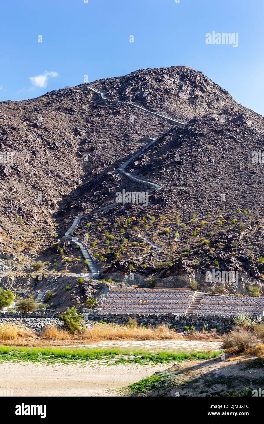 Wadi Shawka Dam, letto di fiume secco con scala che conduce alla cima della montagna, Emirati Arabi Uniti. Foto Stock
