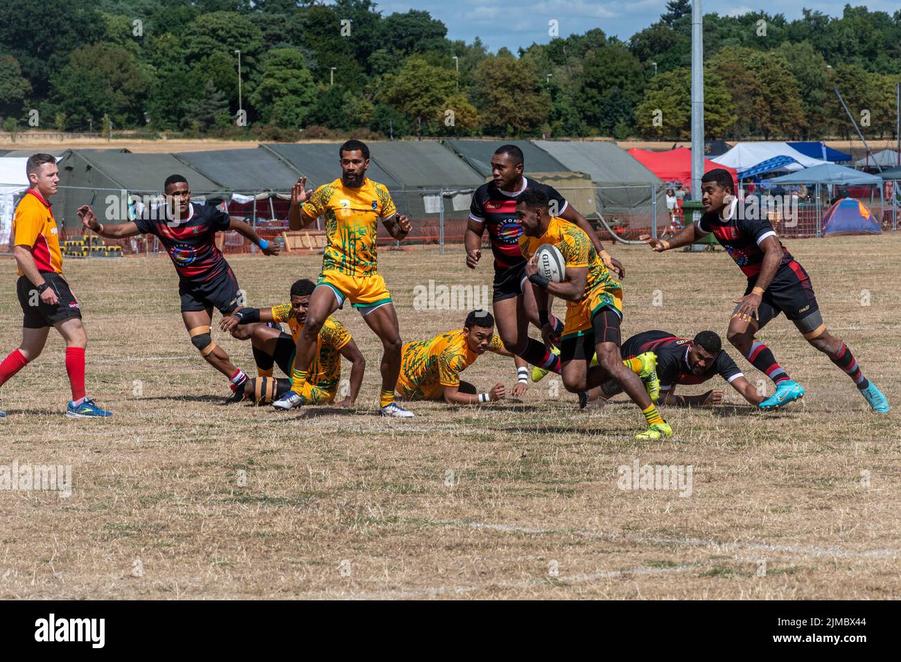 Rugby Sevens al Bula Festival di Aldershot, Hampshire, Inghilterra, Regno Unito, 5th agosto 2022. Una celebrazione della cultura delle Fiji, specialmente nell'esercito britannico. Foto Stock
