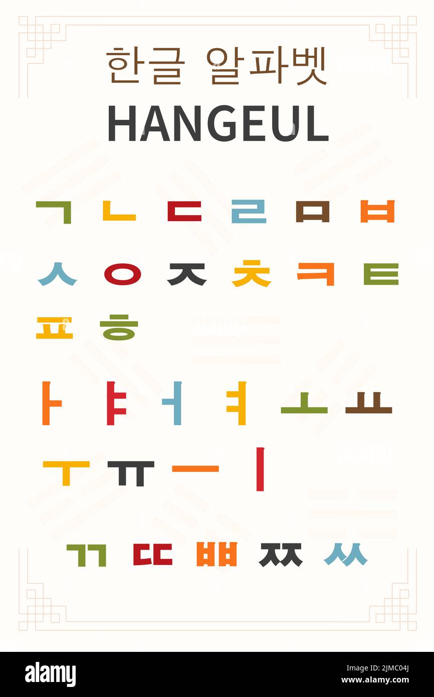 Alfabeto coreano 'Hangeul'. Giornata di Hangul. Immagine vettoriale e simbolo di flag impostati in vari colori. Isolato su sfondo bianco. Repubblica di Corea. Illustrazione Vettoriale