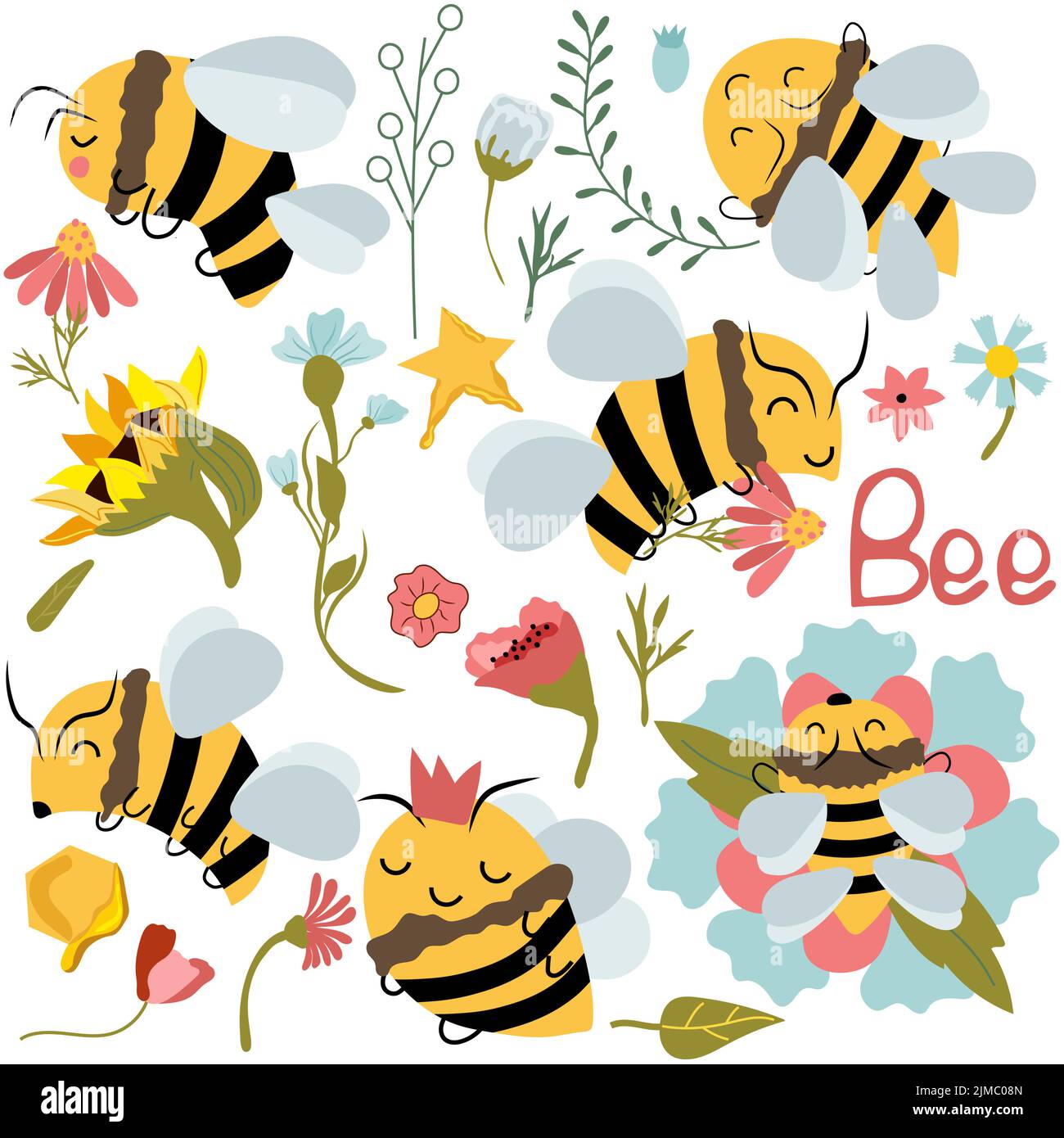 Fascio di api. Carino ape su fiore, fiori selvatici, nido d'ape, girasole. Api da miele cartoon con emozioni diverse. Natura, prodotto biologico. Illustrazione vettoriale. Illustrazione Vettoriale