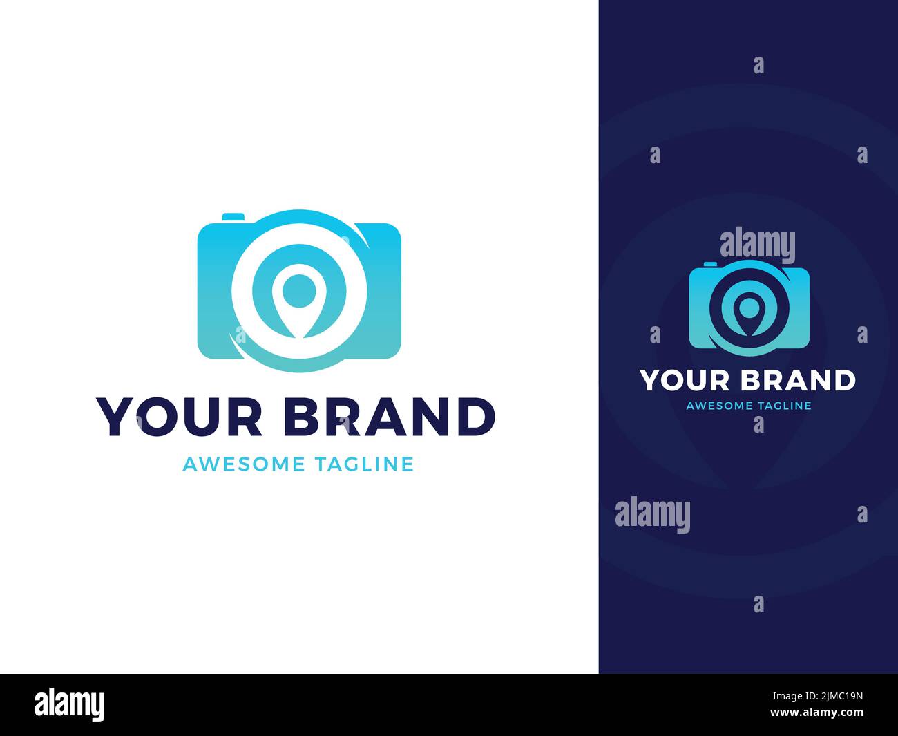 Un design e un modello con logo blu e bianco, con un'icona di posizione e fotocamera Illustrazione Vettoriale