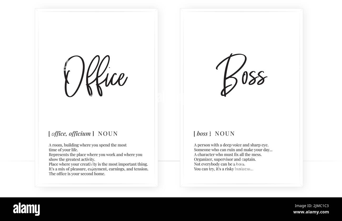 Ufficio e capo, vettore. Design minimalista a baldacchino. Wall art, ufficio e boss sostantivo descrizione. Wording Design isolato su sfondo bianco, lettere. Illustrazione Vettoriale