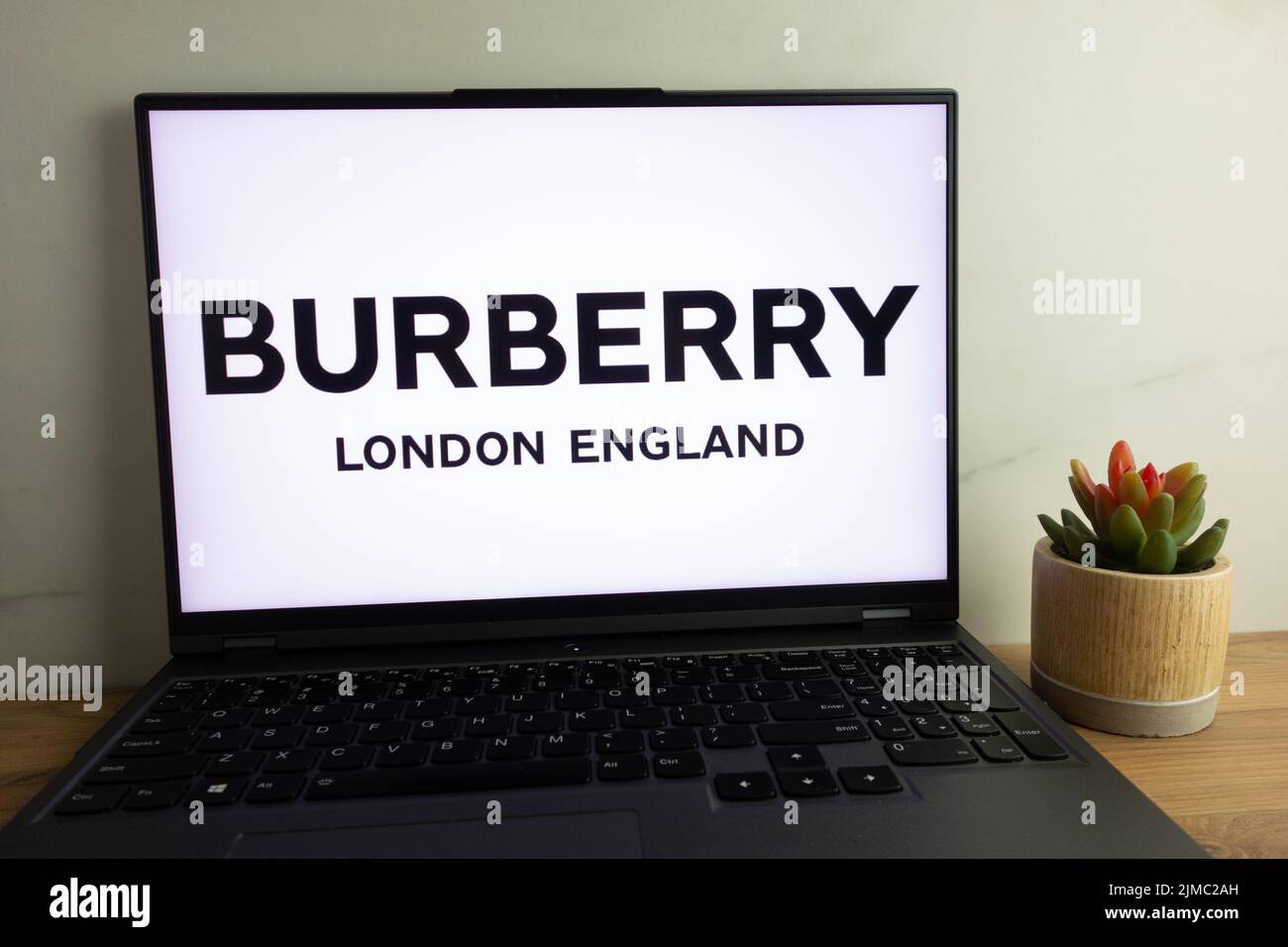 KONSKIE, POLONIA - 04 agosto 2022: Il logo Burberry British Luxury fashion house viene visualizzato sullo schermo del computer portatile Foto Stock