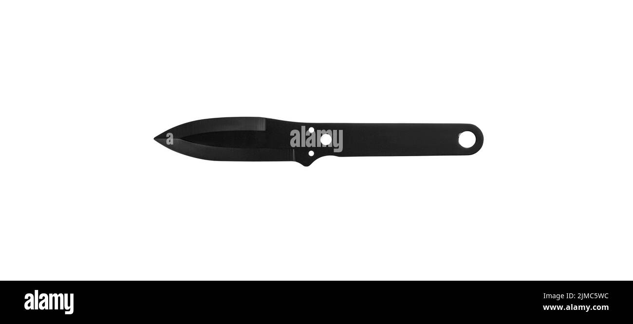Coltello lanciatore con lama nera e manico. Armi silenziose di assassini e ninja. Isolare su sfondo bianco. Foto Stock