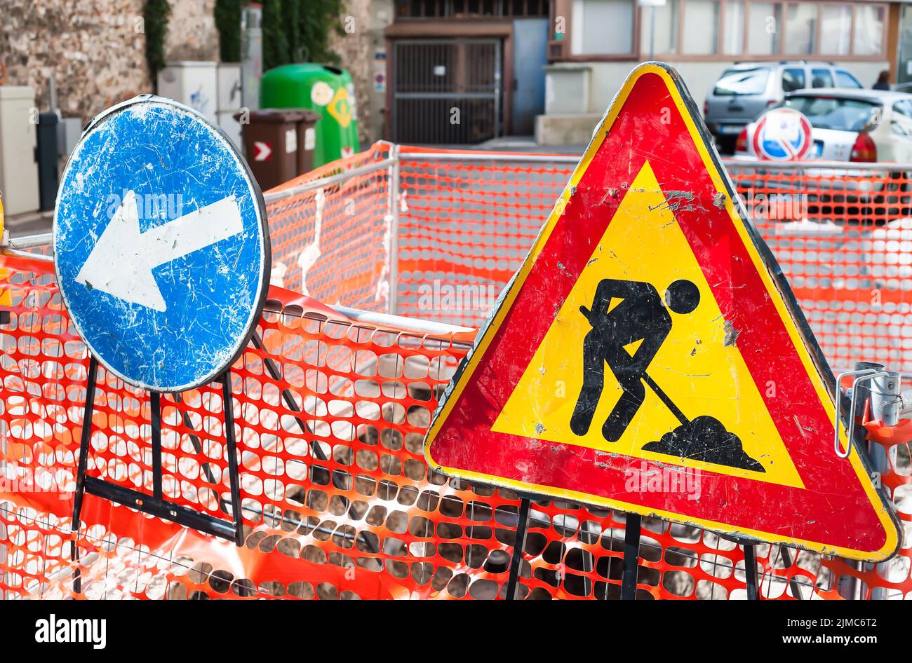 Cartello stradale lavori stradali Foto Stock