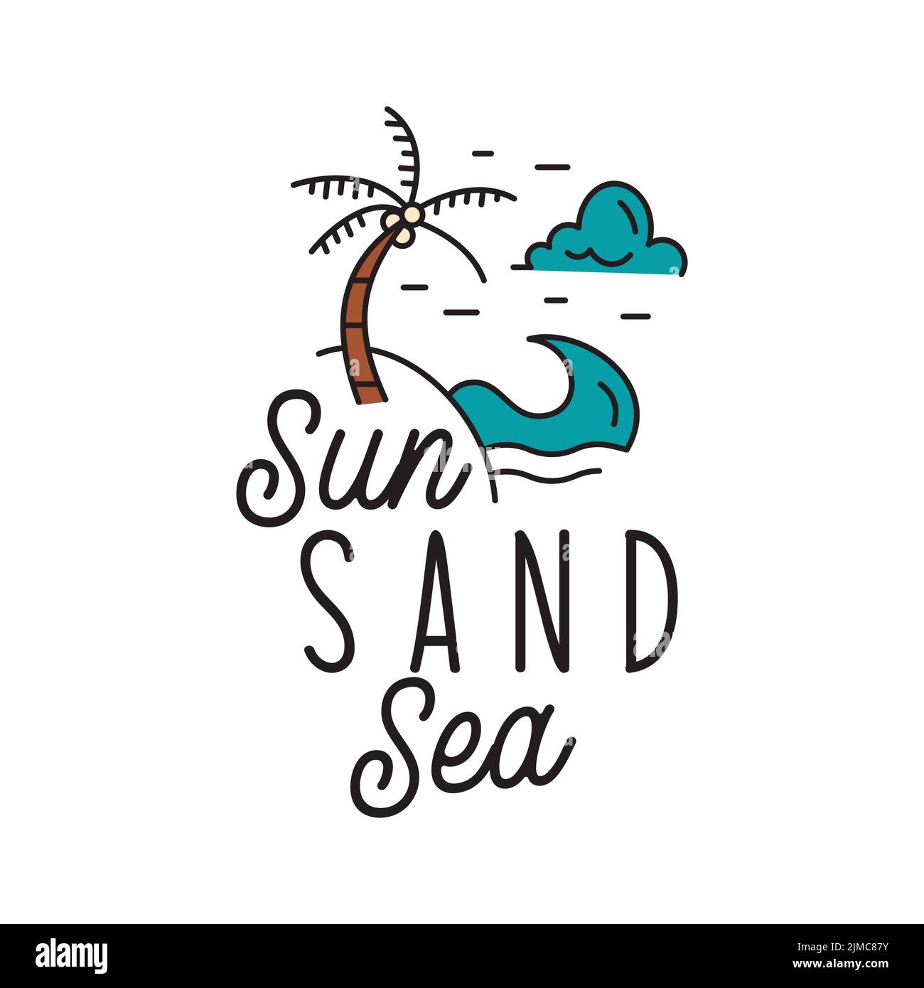 Logo lineare con immagine spiaggia e testo Sun Sand Sea Illustrazione Vettoriale