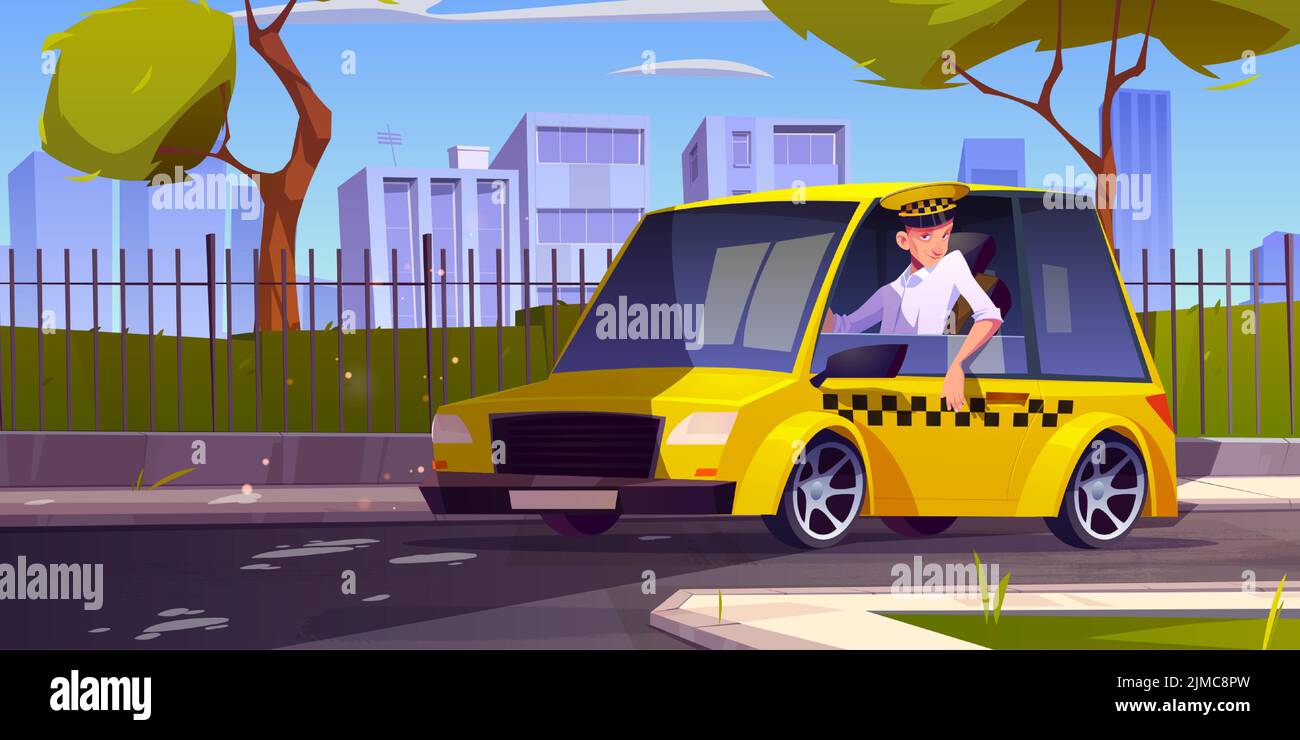 Tassista in macchina gialla sulla strada della città. Illustrazione vettoriale del paesaggio estivo con cabman professionale in uniforme seduta in veicolo, alberi verdi, recinzione e strada Illustrazione Vettoriale