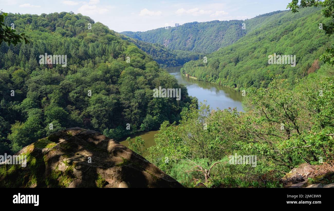 Mettlach - anello Saar (Saarschleife), vista dal sentiero nella valle Saar, Germania Foto Stock