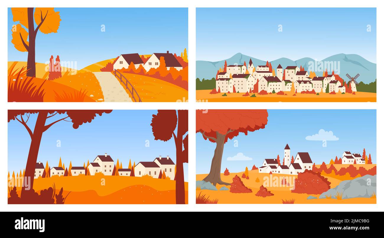Case in autunno città o paesaggio villaggio, quartiere scandinavo vettore illustrazione set. Cartoon casa carino cottage e giardini, parco e strada sulle colline, europeo zona residenziale sfondo Illustrazione Vettoriale