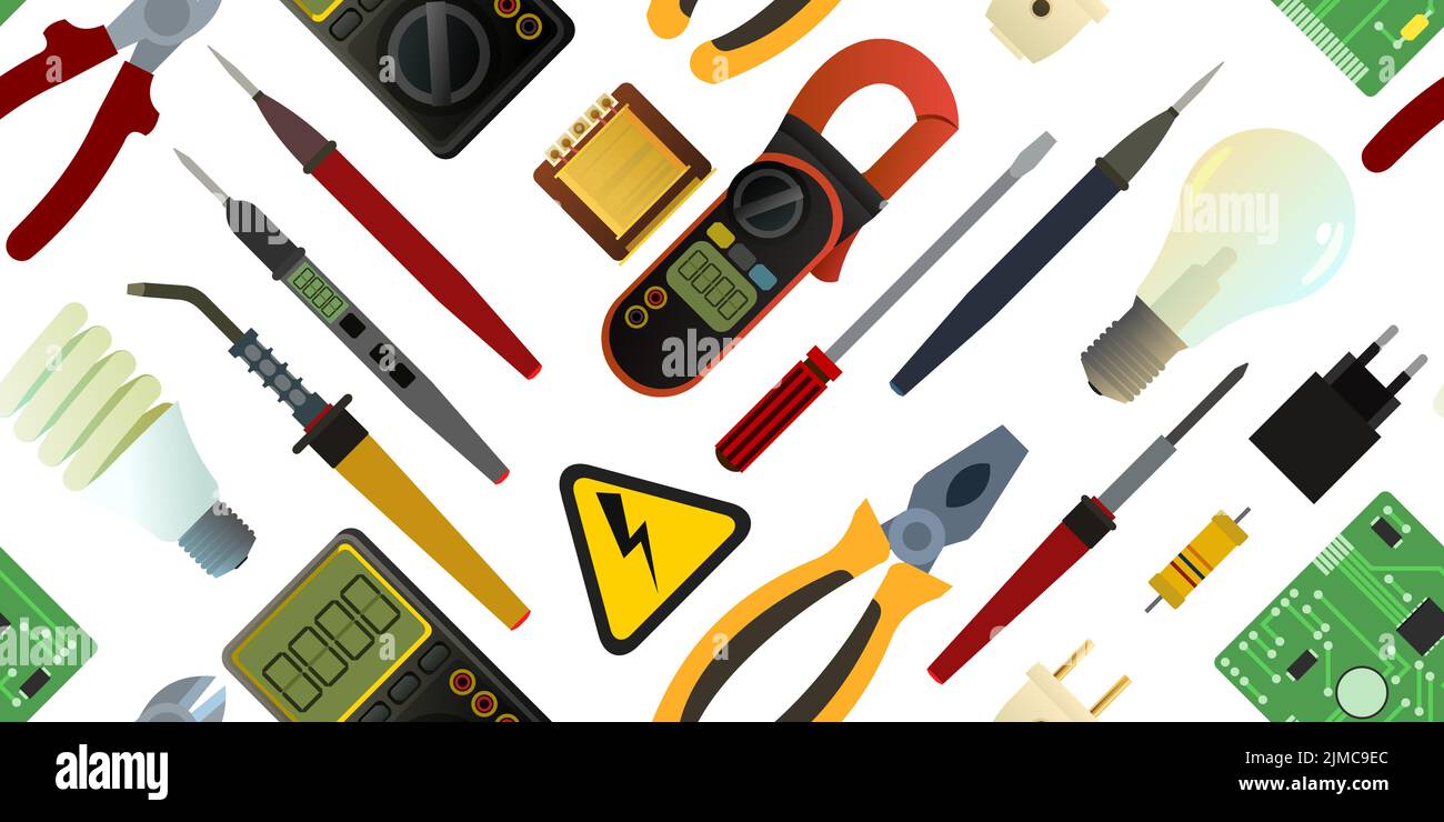 Attrezzi per elettricista. Riparazione di apparecchiature radio elettroniche e a microprocessore. Componenti di ricambio e assistenza. Isolato su sfondo bianco. Cucitura Illustrazione Vettoriale
