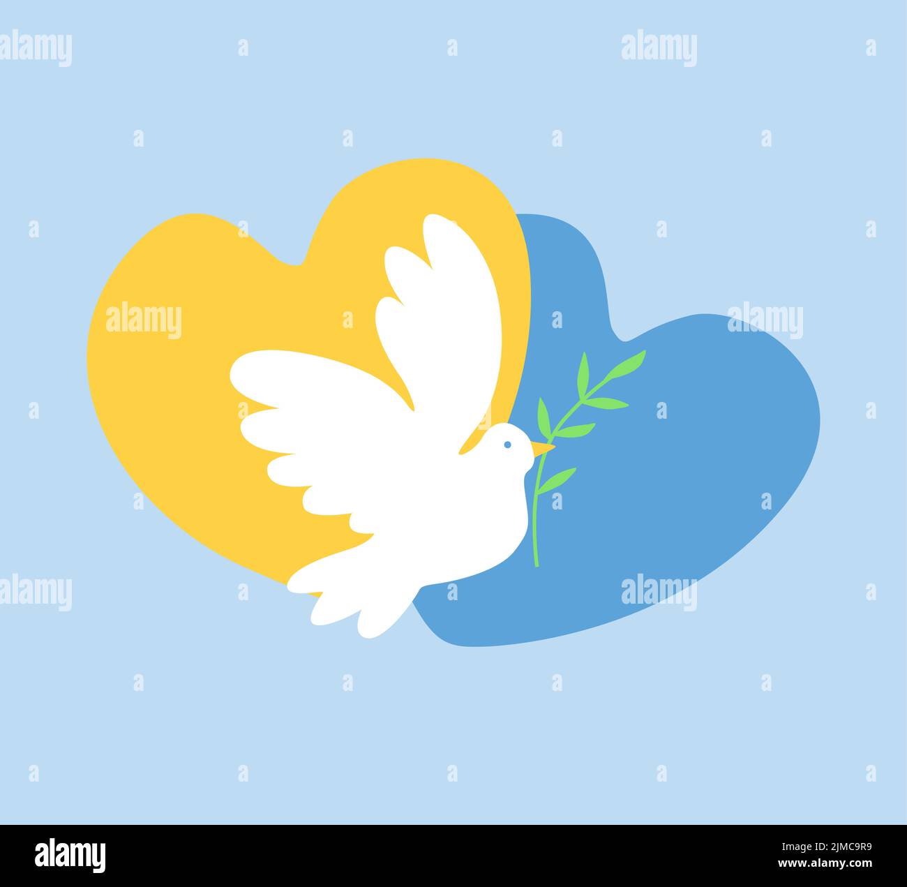 Il simbolo della pace è una colomba bianca con un ramo di ulivo. Uccello sul cuore ukranian colore bandiera illustrazione cartoon. Pace in Ucraina. Nessuna guerra, salva Ukrain Illustrazione Vettoriale