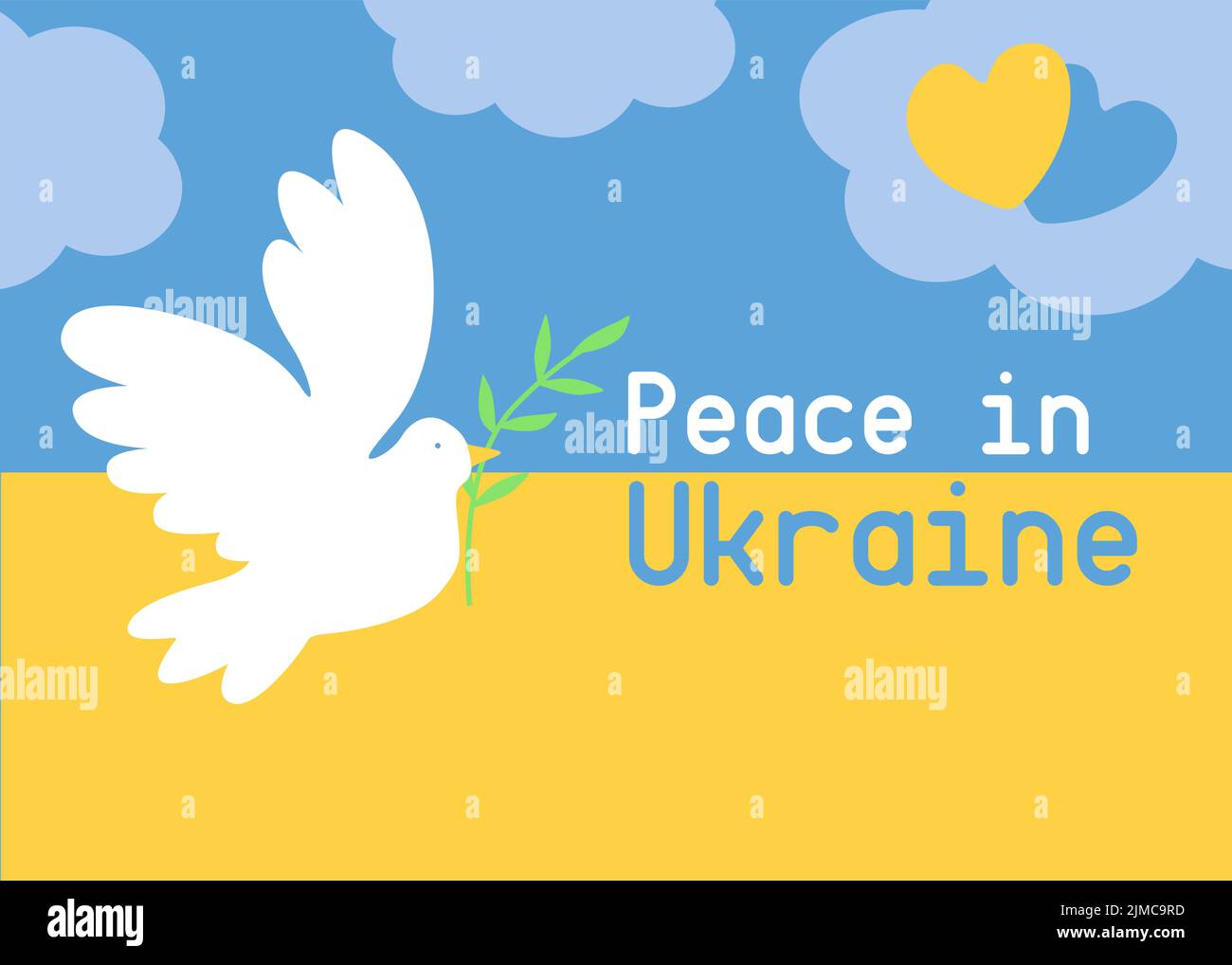 Il simbolo della pace è una colomba bianca con un ramo di ulivo. Pace in Ucraina. Illustrazione del fumetto della colomba. Nessuna guerra, salva Ucraina. Illustrazione Vettoriale