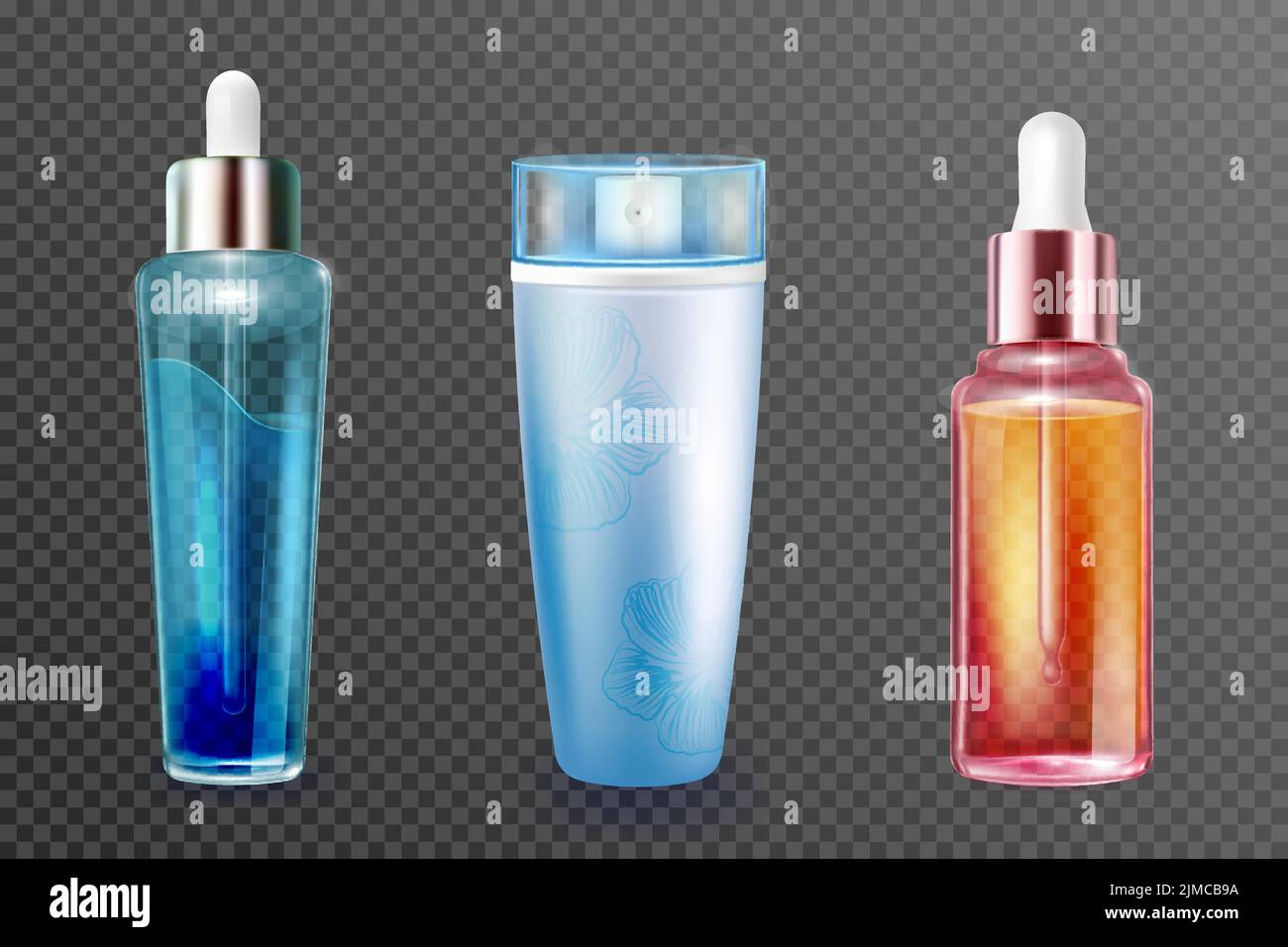 3d set di flaconi cosmetici illustrazione vettoriale. Contenitore in vetro blu e oro realistico con essenza di siero o olio e contagocce, confezione in plastica con pulsante spray isolato su sfondo trasparente Illustrazione Vettoriale