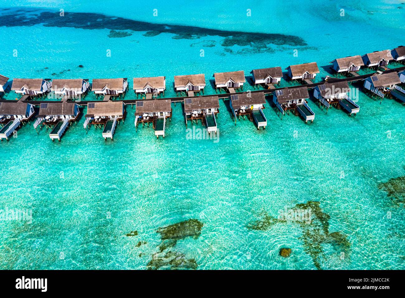 Vista aerea, Laguna dell'isola Maldive Maadhoo, Atollo Sud Male, Maldive Foto Stock