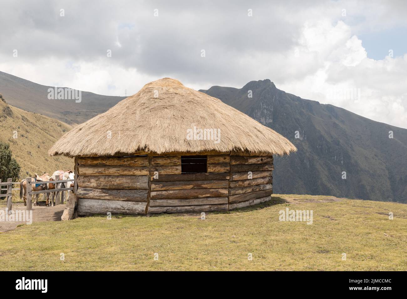 capanna rustica con tetto in paglia e struttura in legno, architettura tradizionale in campagna, paesaggio con cielo e nuvole in una giornata di sole Foto Stock