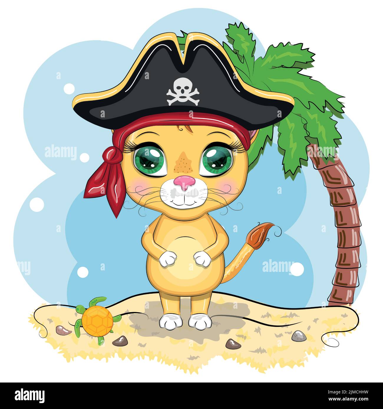 Pirata leone, personaggio cartoon del gioco, gatto animale selvatico in una bandana e un cappello nascosto con un cranio, con una patch occhio. Carattere con occhi luminosi Illustrazione Vettoriale