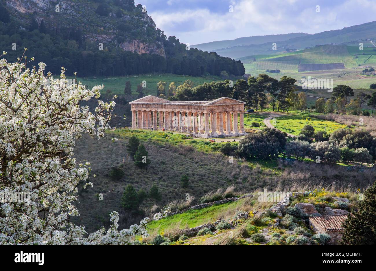 Paesaggio primaverile con il tempio di Segesta, Calatafimi, Nord-Ovest, Sicilia, Italia Foto Stock