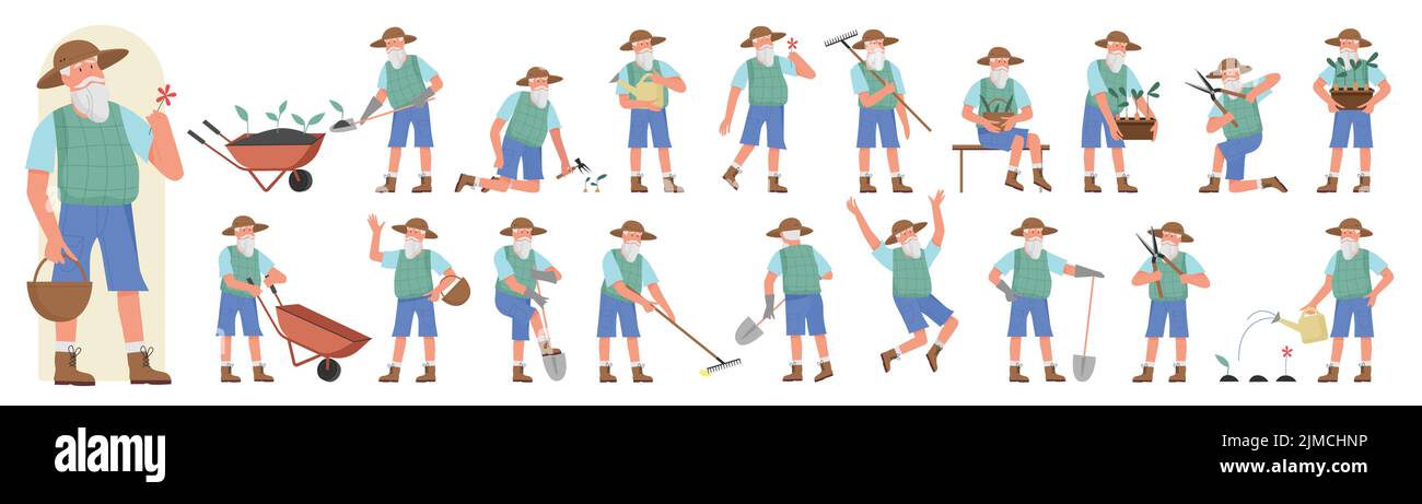 Illustrazione vettoriale del set di pose diverse per il lavoratore agricolo. Cartoon vecchio uomo che lavora con attrezzature da giardino in vista frontale, laterale o posteriore, agricoltore anziano che tiene pala e rastrello, carriola isolato su bianco Illustrazione Vettoriale