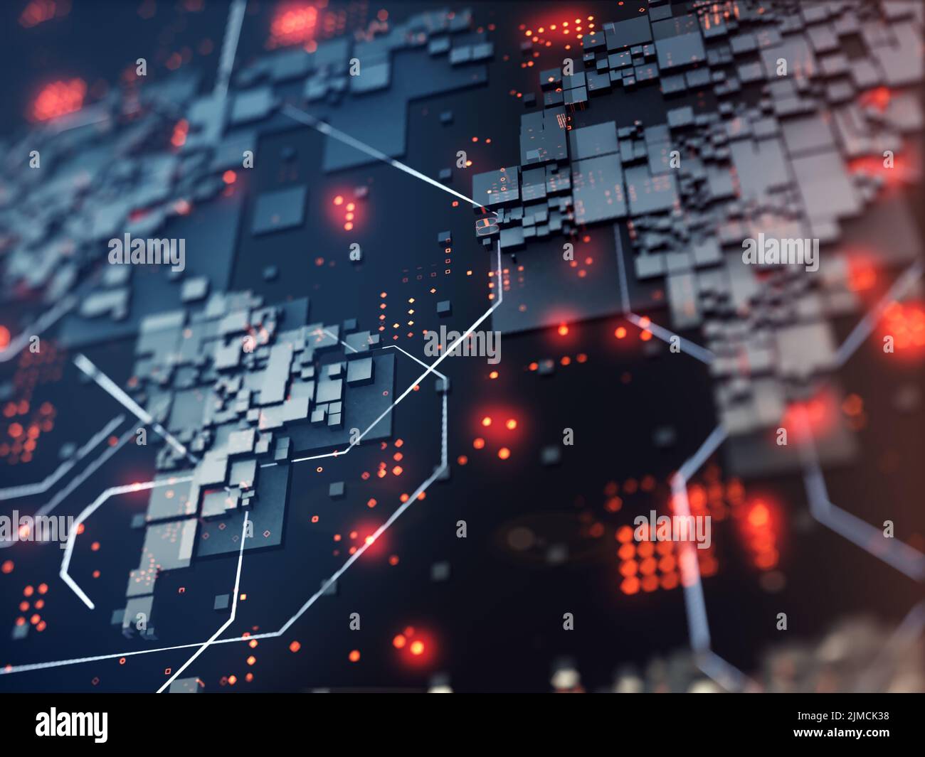 Mappa del mondo 3D con rendering astratto realizzata da blocchi a scatola. Infmazione astratta, connessione, internet, concetto di mondo digitale. Foto Stock