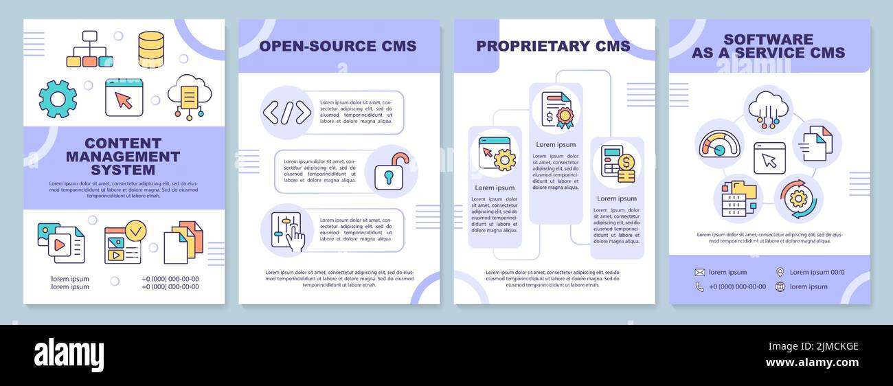 Il sistema di gestione dei contenuti è un modello di brochure viola Illustrazione Vettoriale