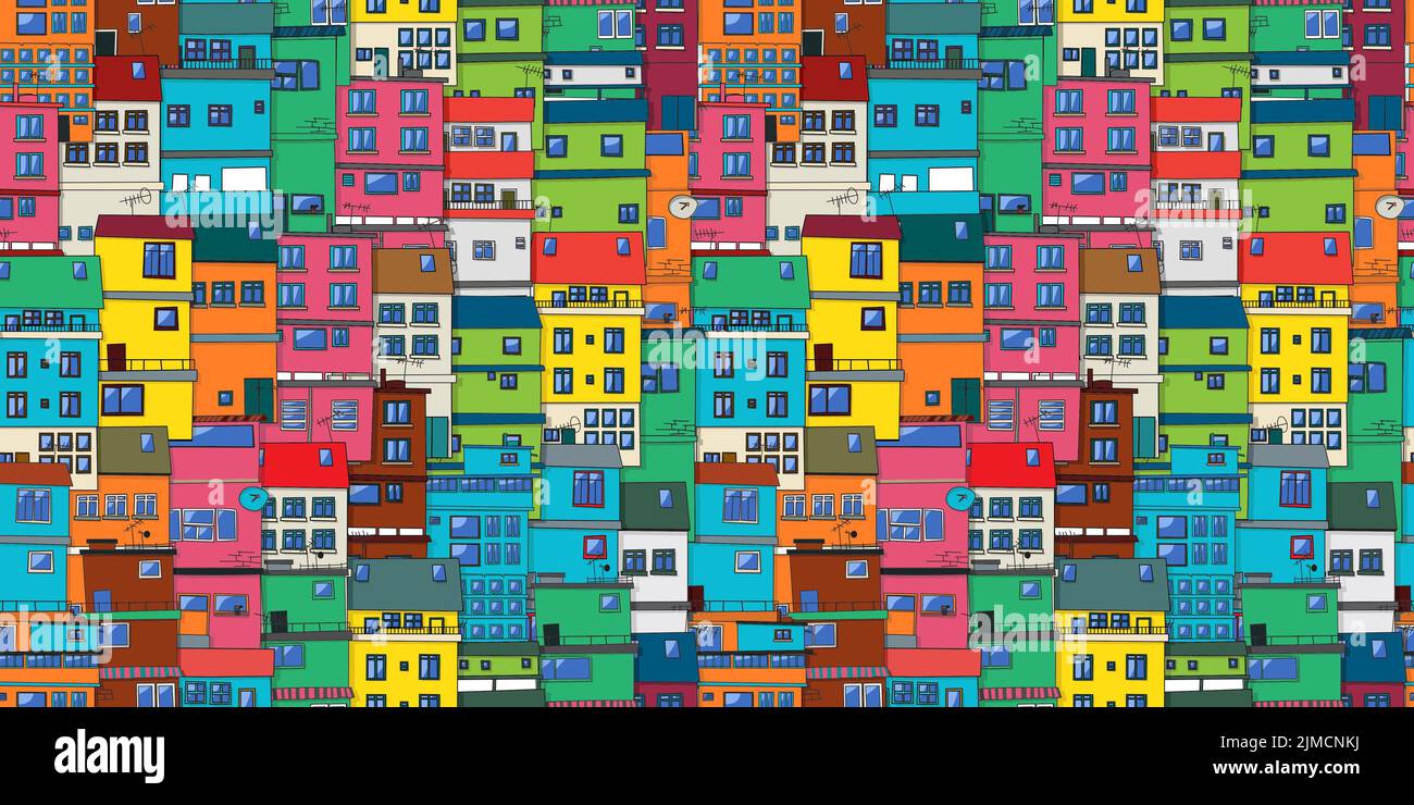 Sfondo urbano a colori, pattern vettoriale senza giunture con favela brasiliana, slum Foto Stock