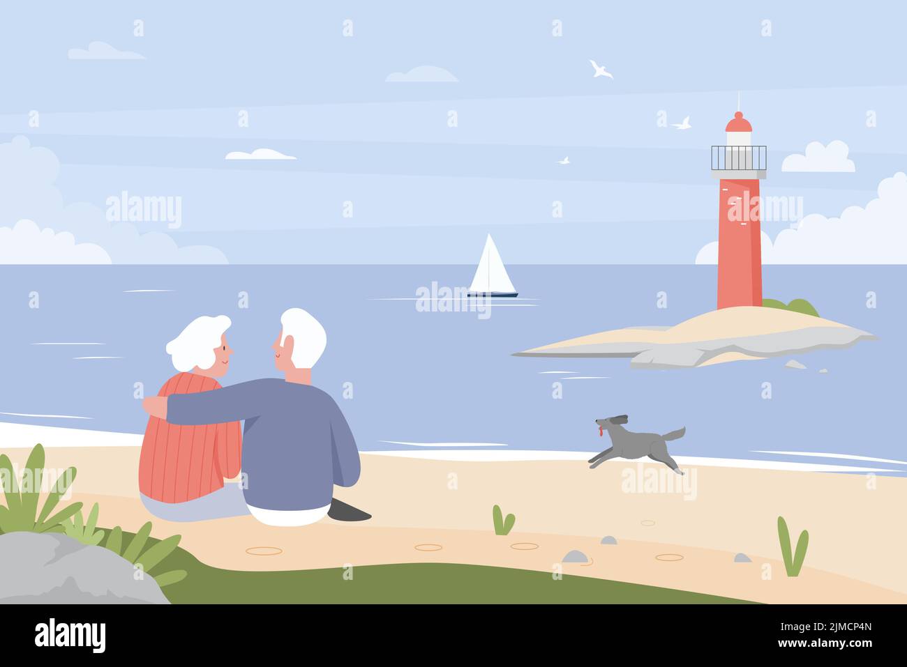 Felice coppia anziana seduta sulla spiaggia di mare con faro e abbraccia. Retiree persone in romantica vacanza estiva, donna anziana e uomo relax flat vettoriale illustrazione. Famiglia, viaggio, concetto romantico Illustrazione Vettoriale