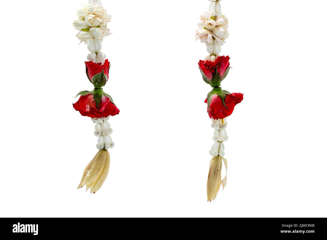 Variopinto fiore di ghirlanda tailandese dalle rose rosse, Champaka bianco, Dahlia e fiori di gelsomino su sfondo bianco Foto Stock