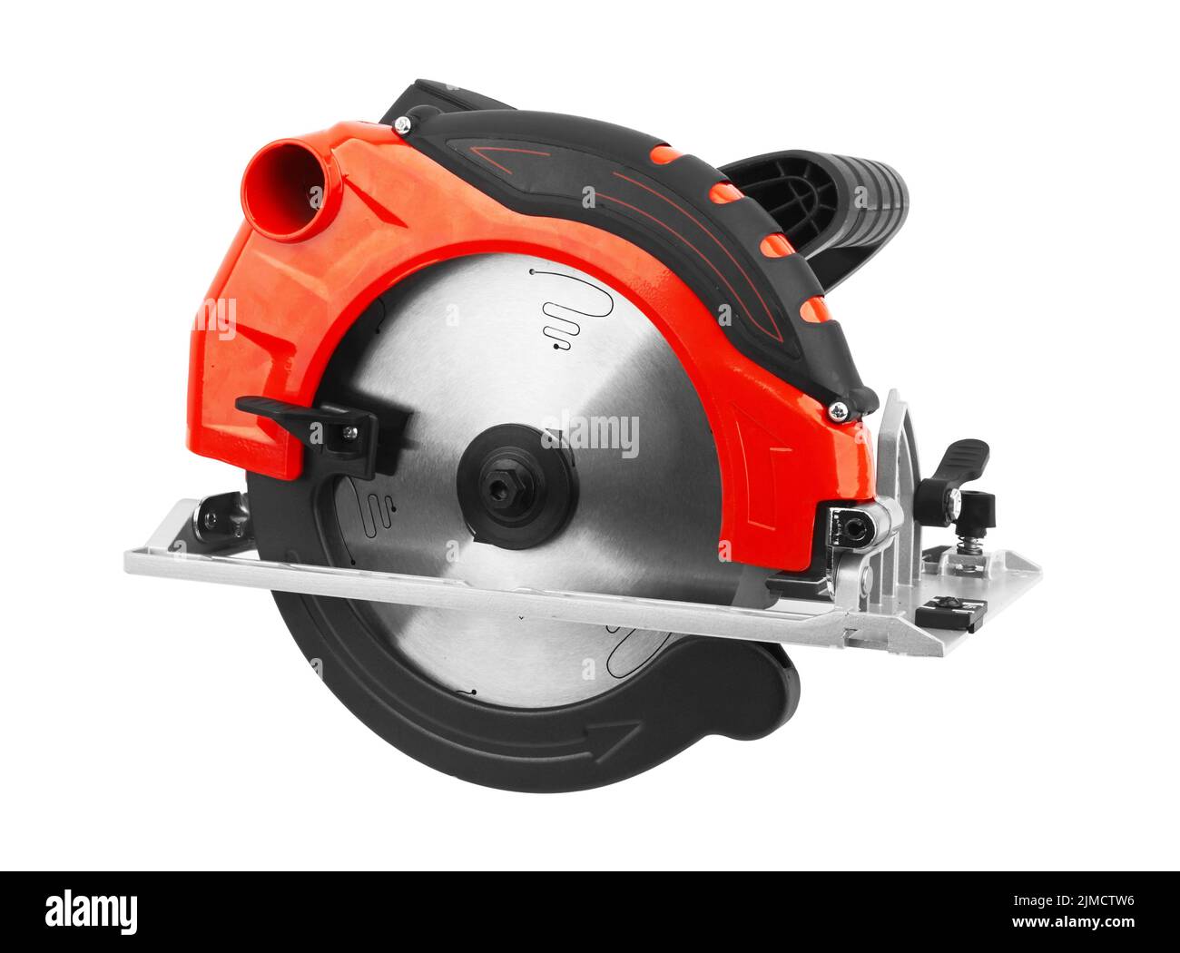 Utensili elettrici sega circolare isolata su sfondo bianco Foto Stock