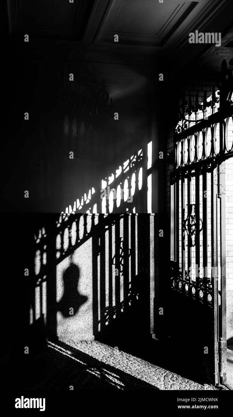 Bianco e nero, ingresso cortile con cancello in ferro battuto, Berlino, Germania Foto Stock
