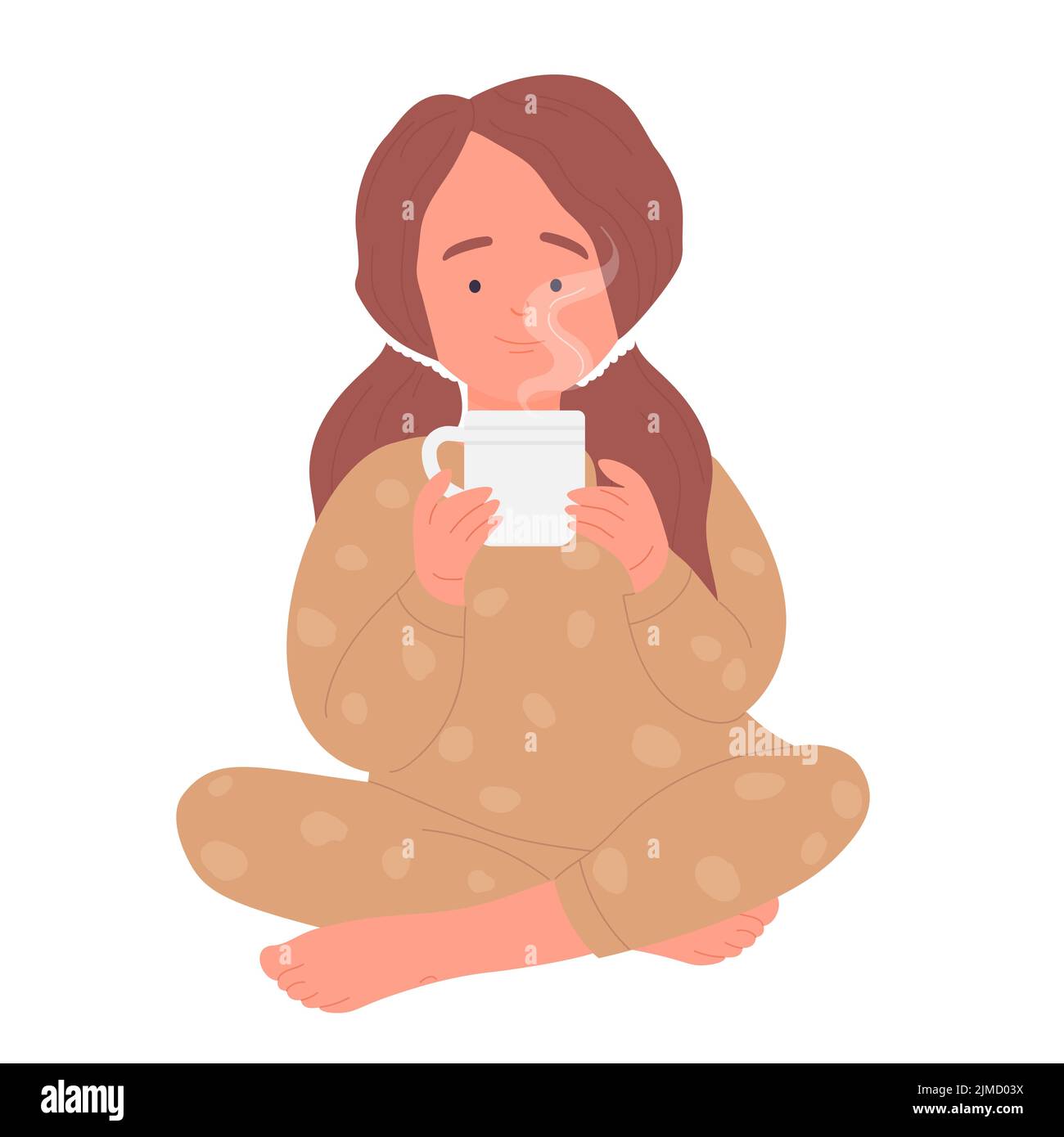 La bambina in pajama beve tè caldo. Accogliente tempo di casa, bevanda calda illustrazione vettoriale Illustrazione Vettoriale