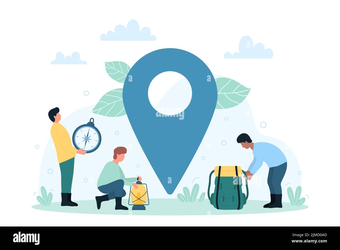 Navigazione GPS, ricerca di luoghi di viaggio avventura e piccole persone. Personaggi cartoon zaino, bussola, lanterna vicino mappa gigante puntino piatta illustrazione vettoriale. Turismo, concetto di viaggio Illustrazione Vettoriale