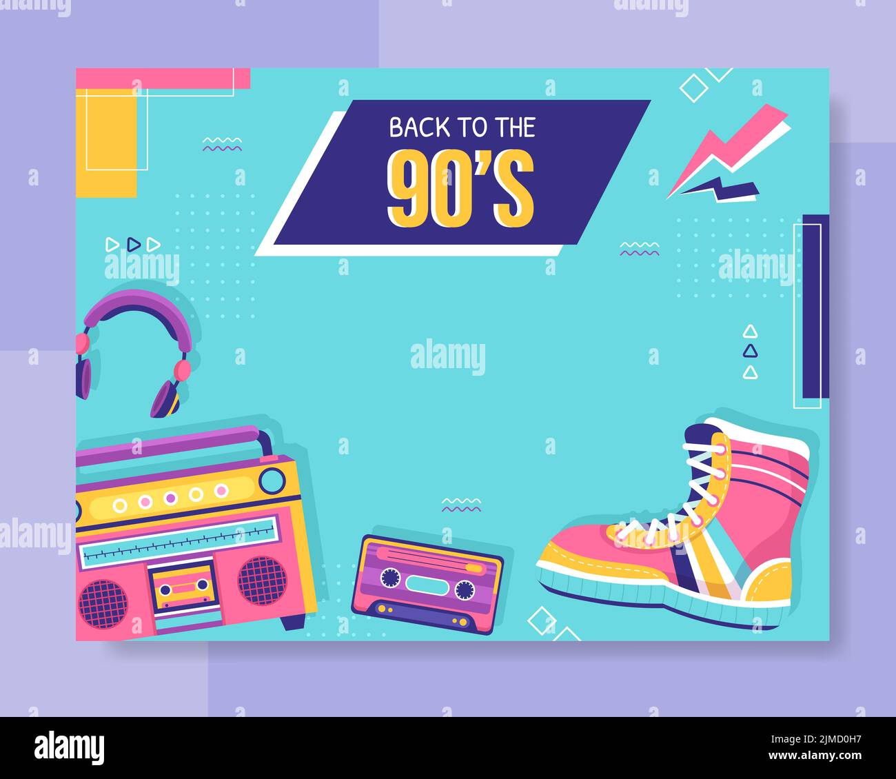 90s retro Party Photocall Template Flat Cartoon background Vector Illustration Illustrazione Vettoriale