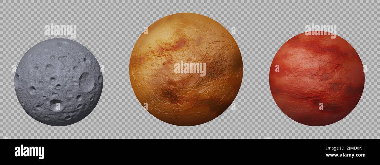 Pianeti del sistema solare Marte, Mercurio e Luna con superficie dettagliata. Oggetti realistici di galassia vettoriale a 3D isolati su sfondo trasparente. Astronomia scienza e concetto di esplorazione spaziale, clip art Illustrazione Vettoriale