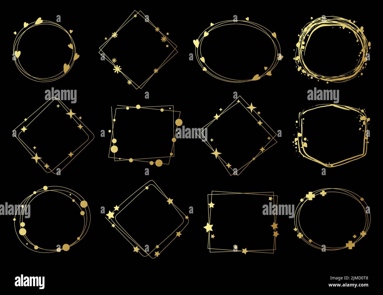 I moderni gold si snodano in uno stile minimalista con elementi di cuori, stelle, croci, fiocchi di neve, cerchi. Varie forme di cornici, illustrazione vettoriale isolata Illustrazione Vettoriale