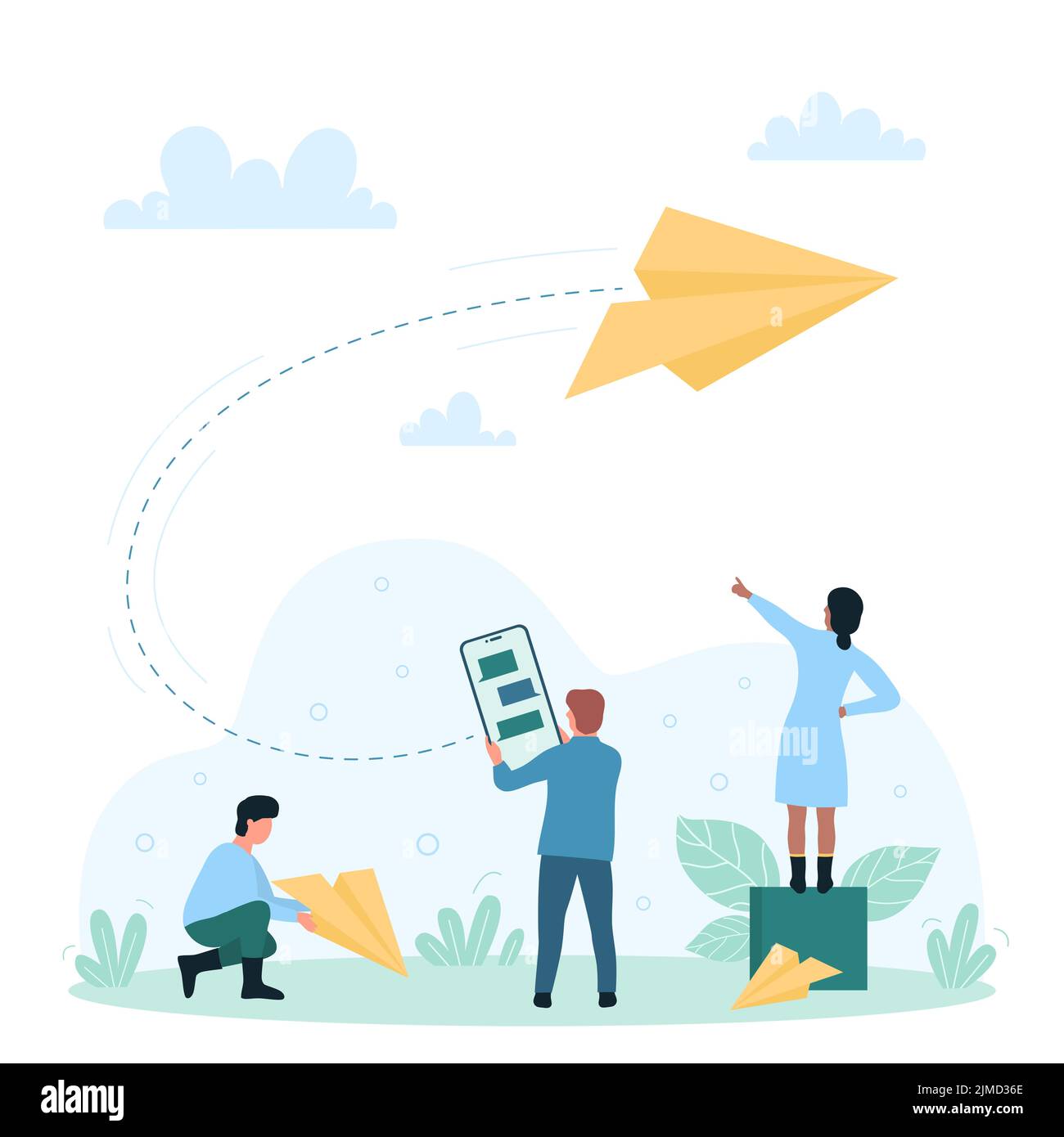 Messaggi nei social media, e-mail e illustrazione dei vettori di comunicazione online. Cartoon piccola gente che tiene il telefono mobile per inviare aereo di carta volante per l'indirizzo. Consegna rapida del concetto di notizie digitali Illustrazione Vettoriale