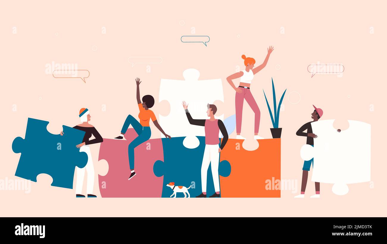 Team di uomini d'affari che costruiscono puzzle insieme. Cartoon partner personaggi con pezzi mancanti di puzzle aiutare a costruire la cooperazione flat vettore illustrazione. Lavoro di squadra, strategia, concetto di successo Illustrazione Vettoriale